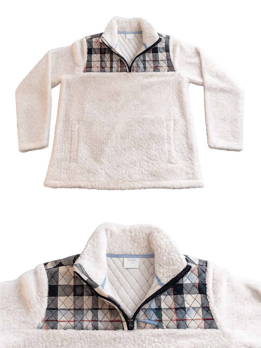 Vera Bradley Cream Teddy Pullover with Plaid Yoke